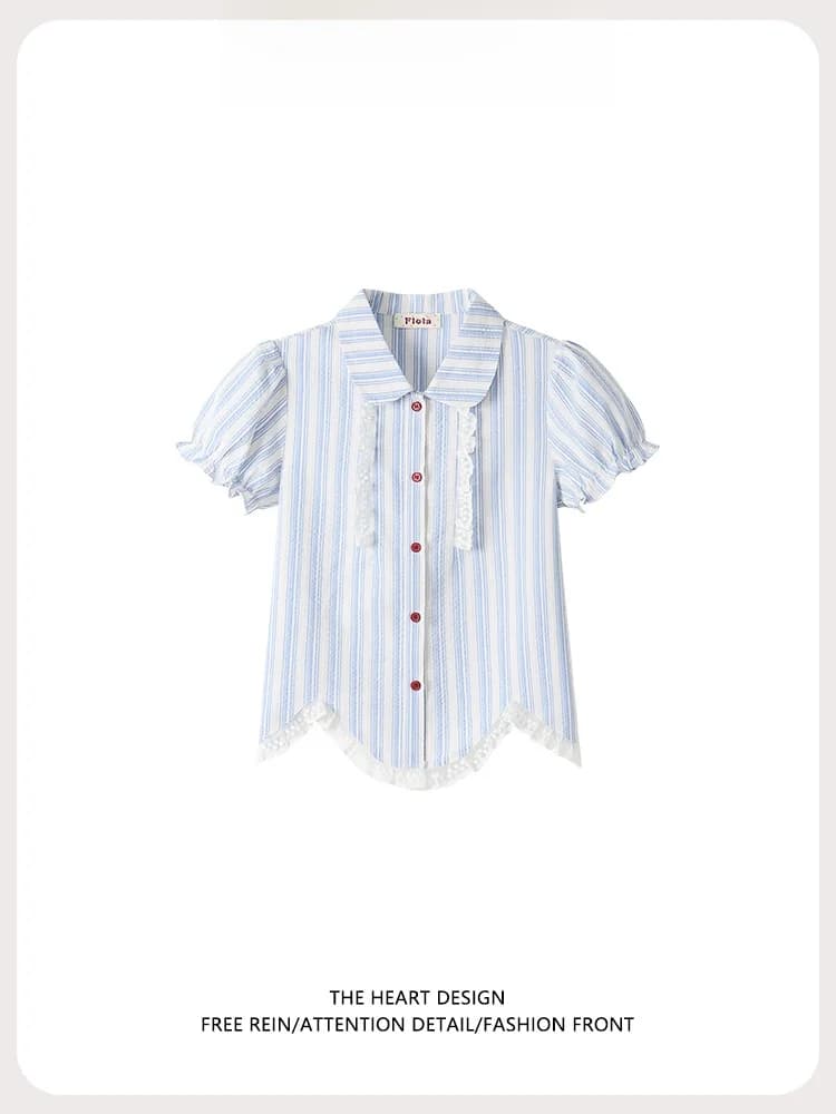 Summer 2026 Striped Doll Shirt Short Sleeve T-Shirt Women Lace Splice Miniature Bubble Sleeve Top Commute Style Slim Fit Cotton