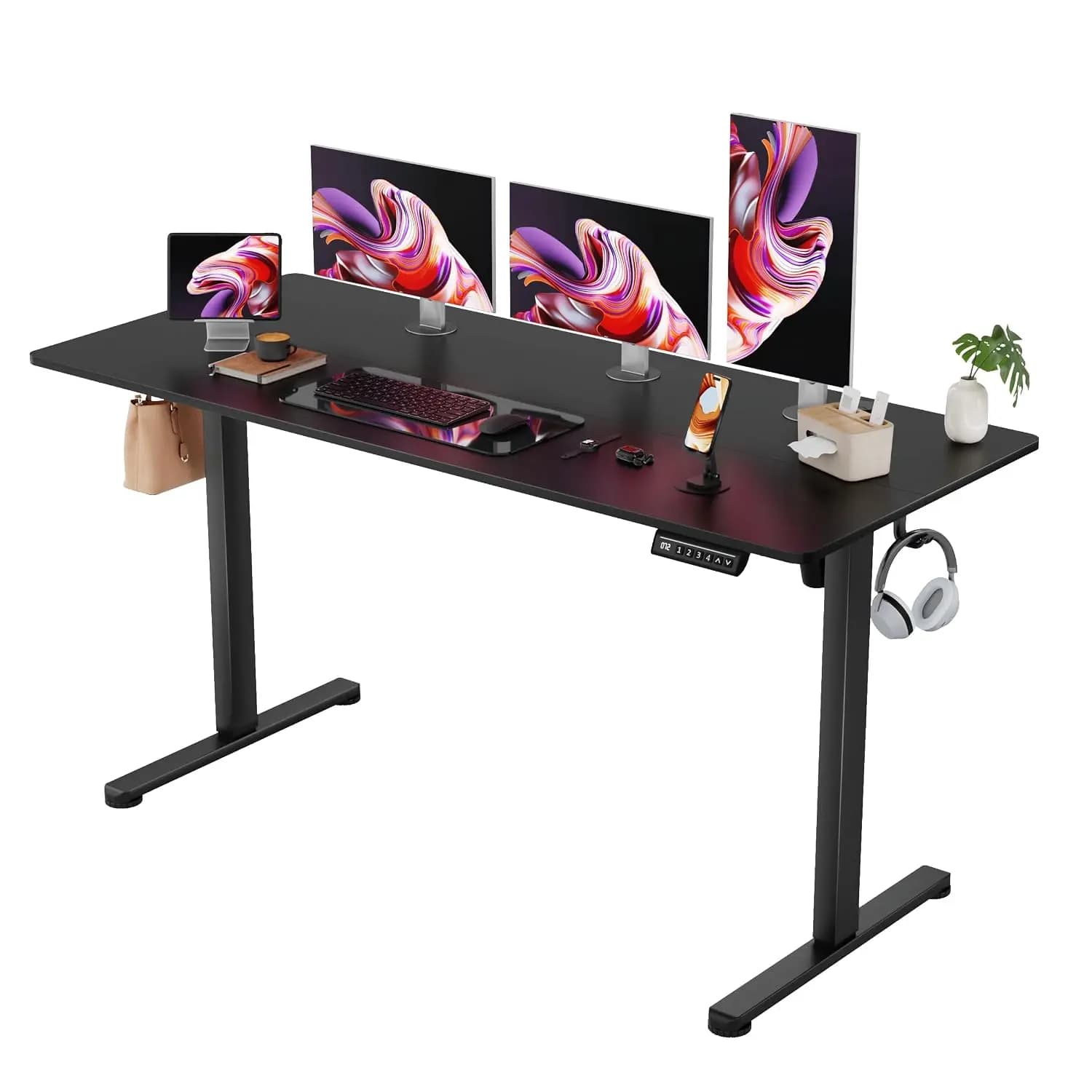 55 Inch Electric Standing Desk Height Adjustable Office Computer Desk with Phone Holder Headphone Hook 4 Height Settings 2 Memor