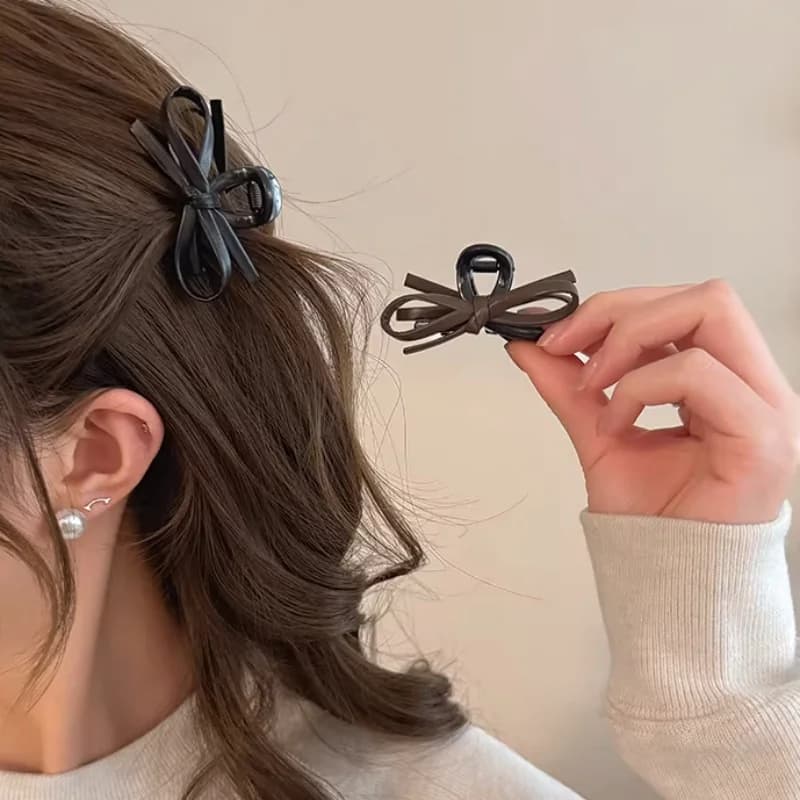 2Pcs Small Hair Clips Leather Bow Claw Clips For Women Girls Bangs Side Hair Crabs Princess Stylish Grip Trendy Hair Accessories