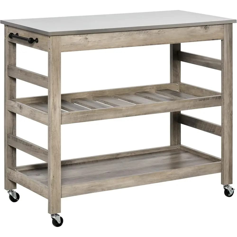 Carrello da Cucina Grigio con Piano in Acciaio Inossidabile, Ripiano Inferiore, Tagliere Scanalato e 4 Ruote