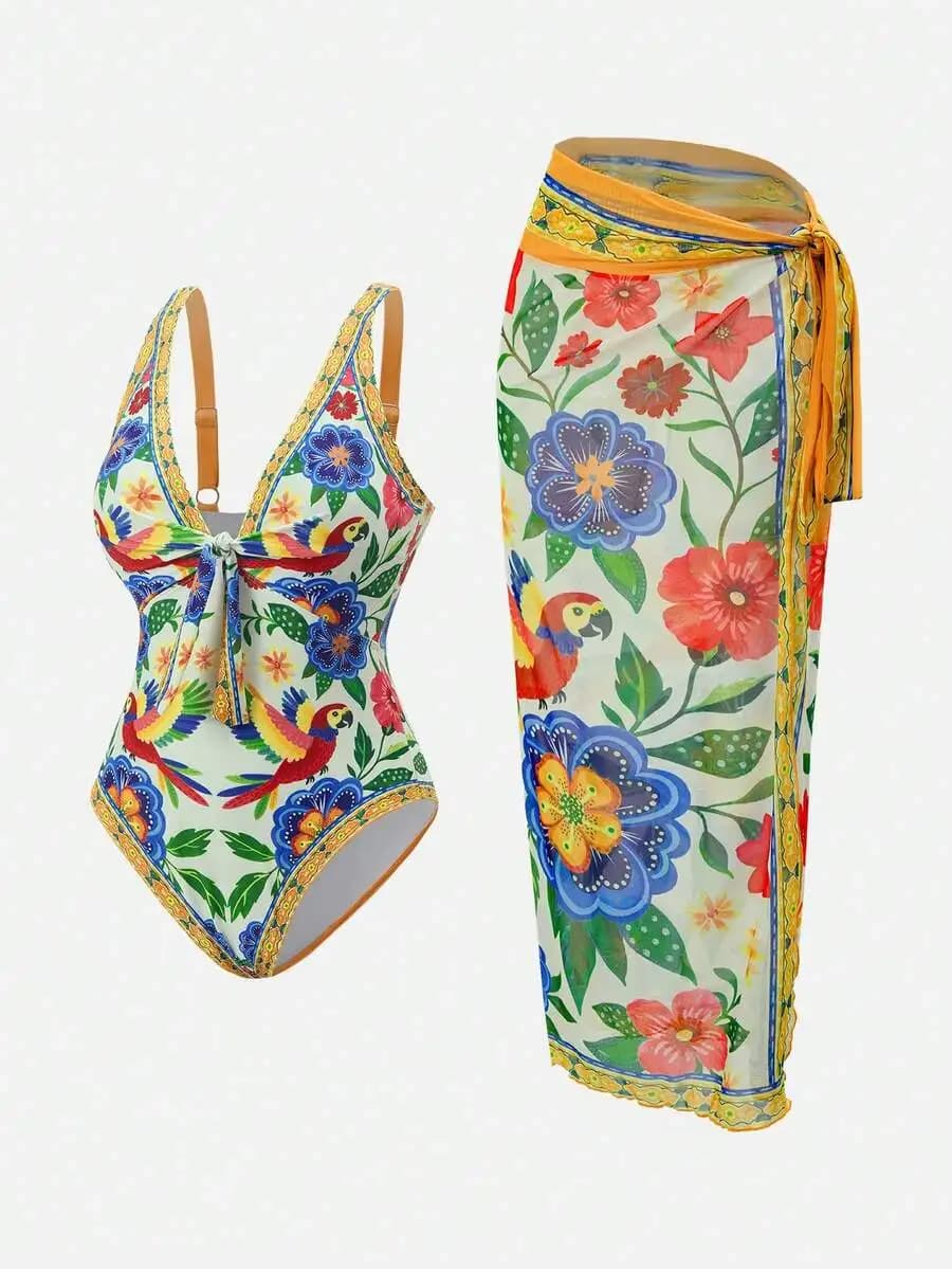 Costume da bagno intero da donna con stampa pappagalli e set gonna pareo, bikini tie-dye