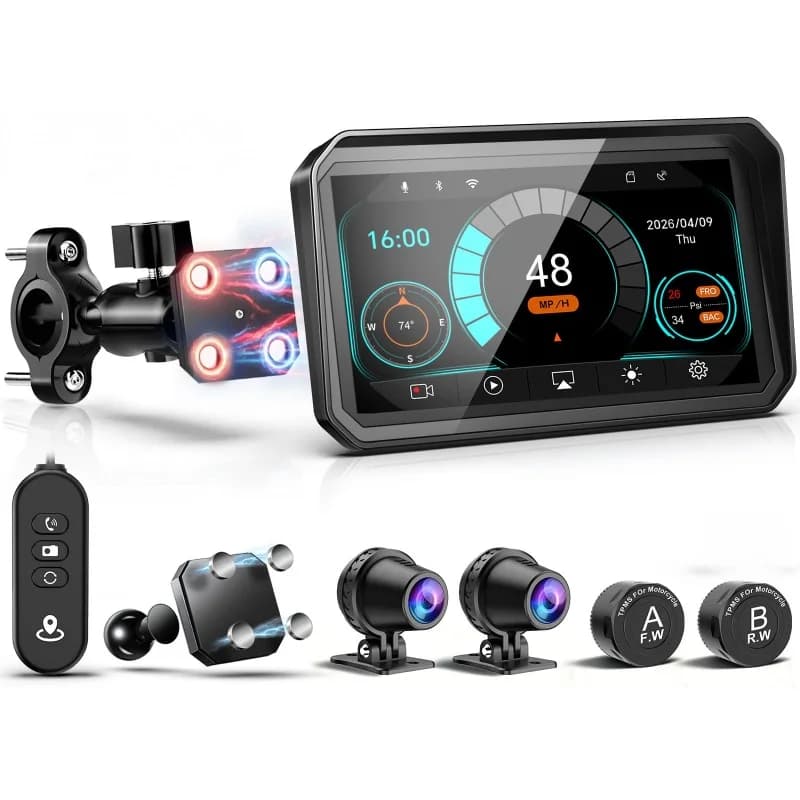 6" Motorcycle CarPlay Screen, 2K Dash Cam, IP67 Waterproof, GPS Navigation & TPMS Quick-Release Magnetic Bracket For All Bikes