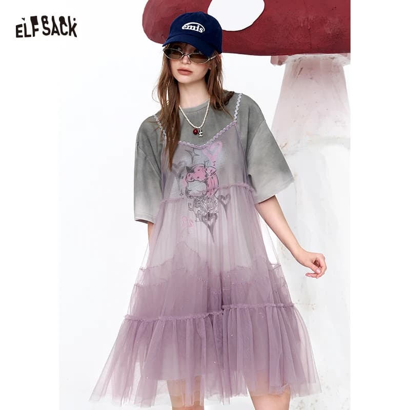 ELFSACK Abito a strati in rete Sweet Cool, Mini abito a trapezio in tulle scintillante, Abito casual a strati tipo t-shirt da donna