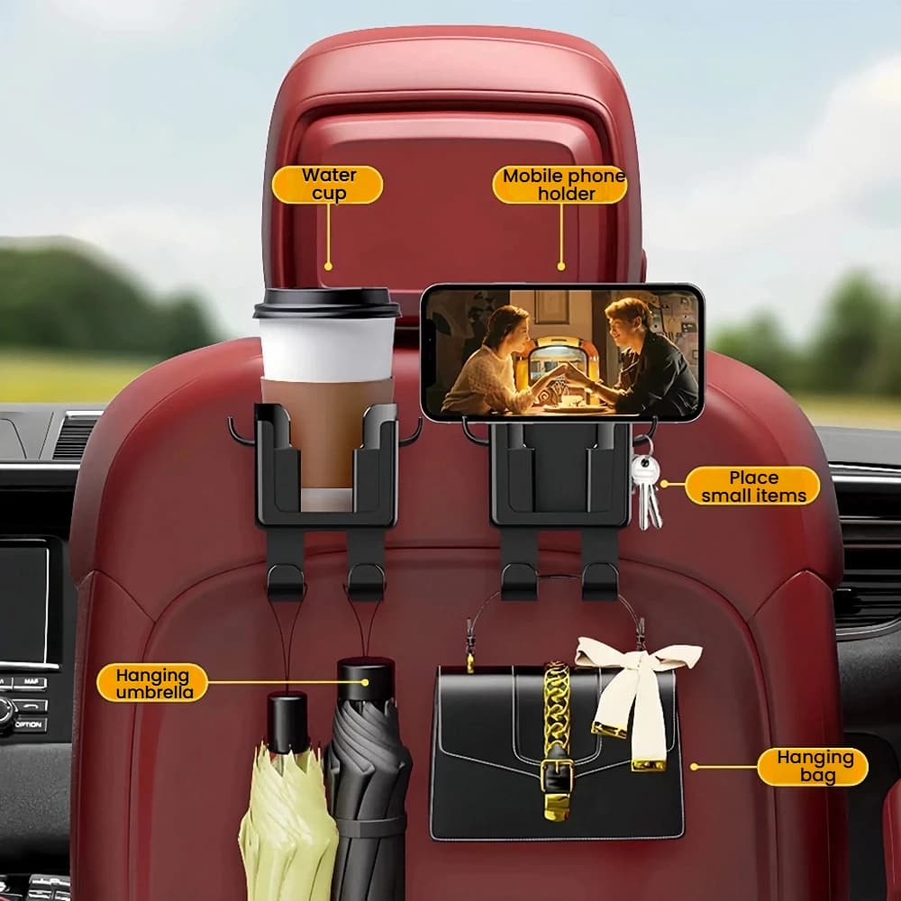 Organizer con gancio per poggiatesta per auto all-in-one con portabicchieri e supporto per telefono - Conservazione da appendere per carichi pesanti per bottiglie d'acqua, tablet