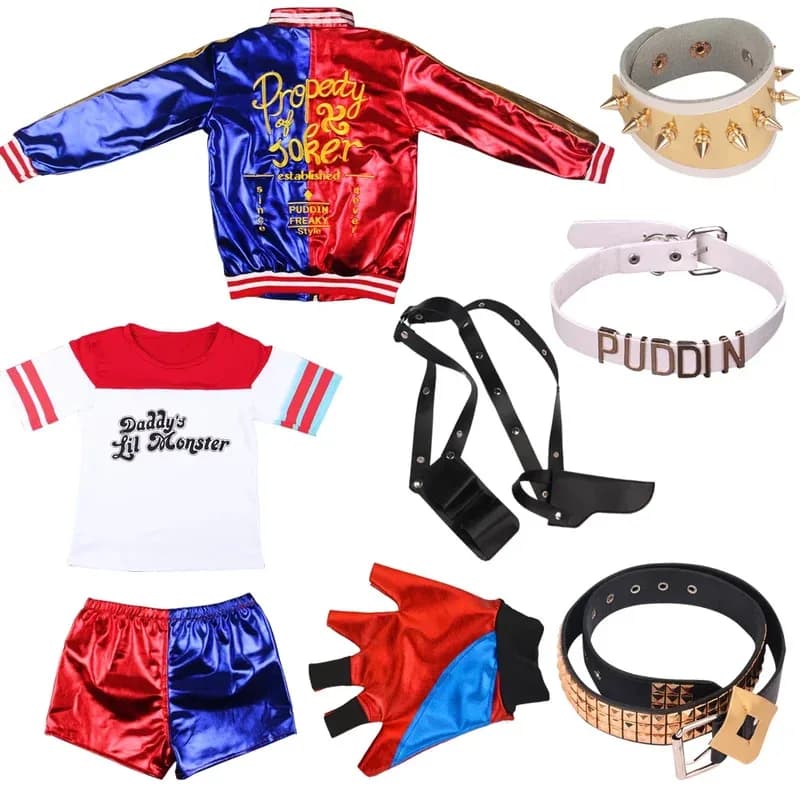 Halloween Kids Suicide harley Cosplay Costumes Squad Quinn Monster Jacket Pants Girls Christmas Party Uniform With Wig Glovesv;6