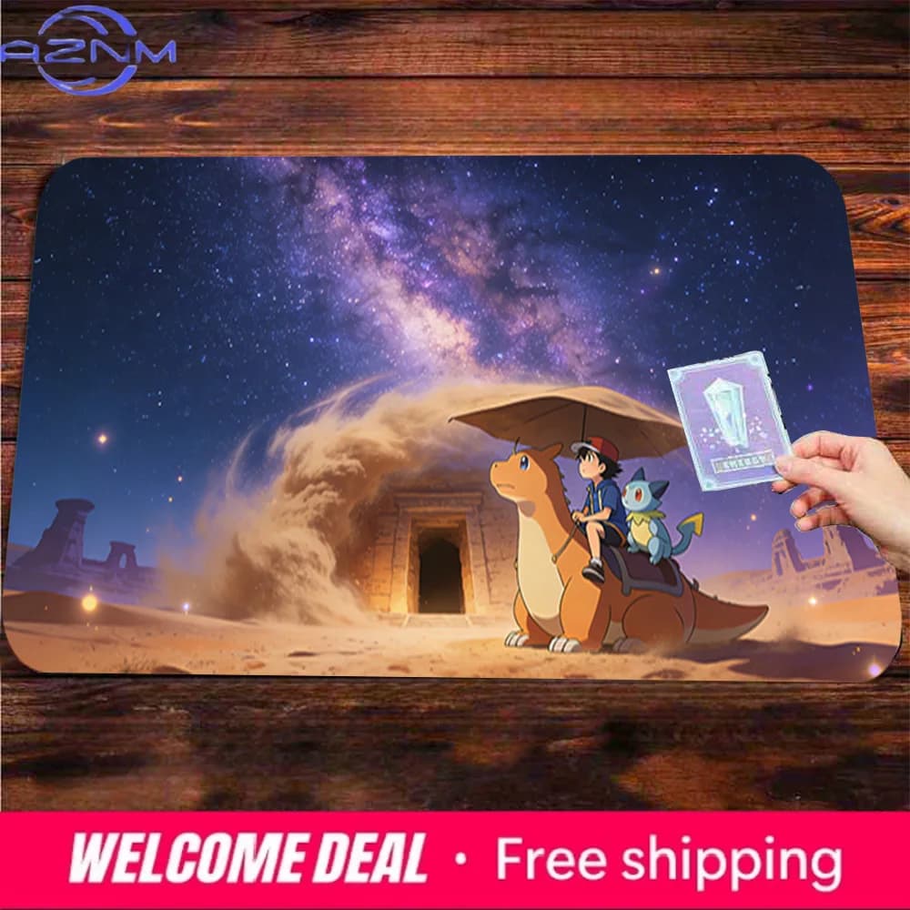 Ash Riding Charizard Starry Desert Night TCG Playmat Non-Slip Washable Gaming Mouse Pad