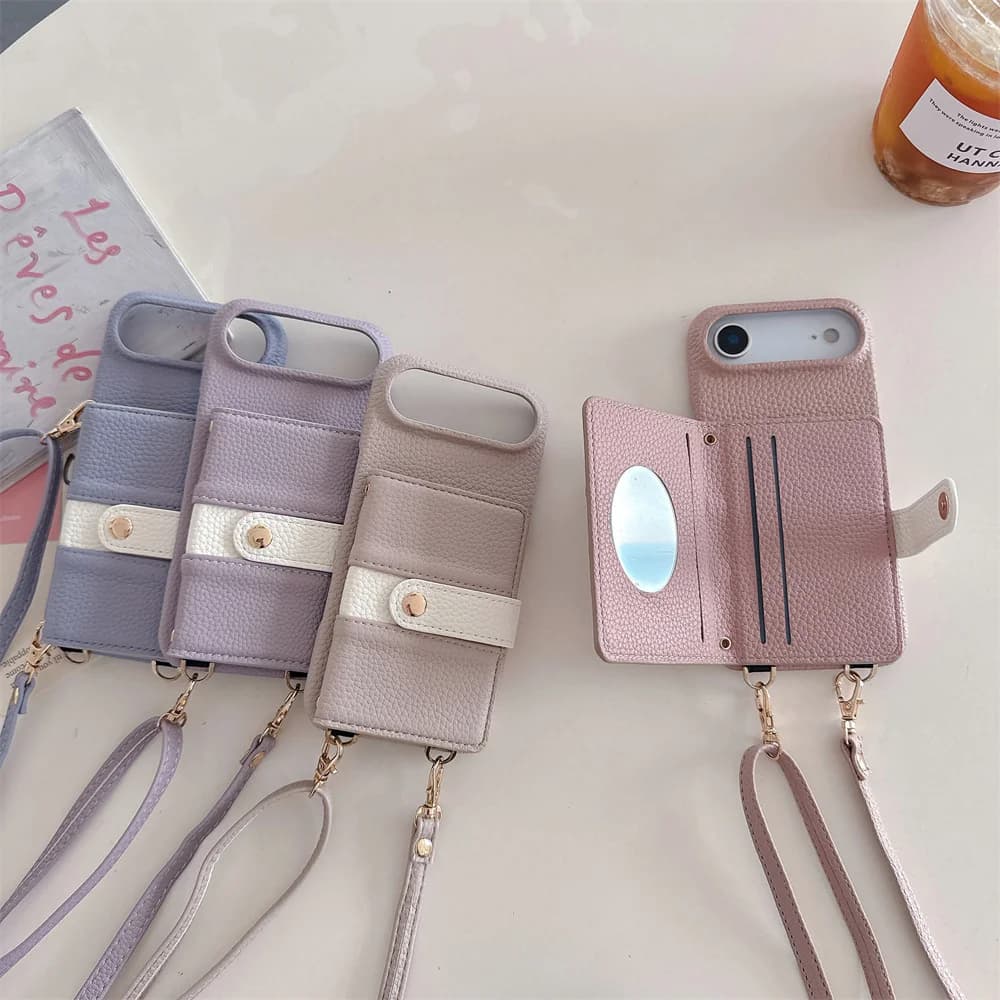 Custodia per telefono in pelle a specchio con cordino a tracolla per IPhone 17 Air 16E 15 14 Plus 13 12 11 Pro Max Porta carte di credito Custodia anticaduta