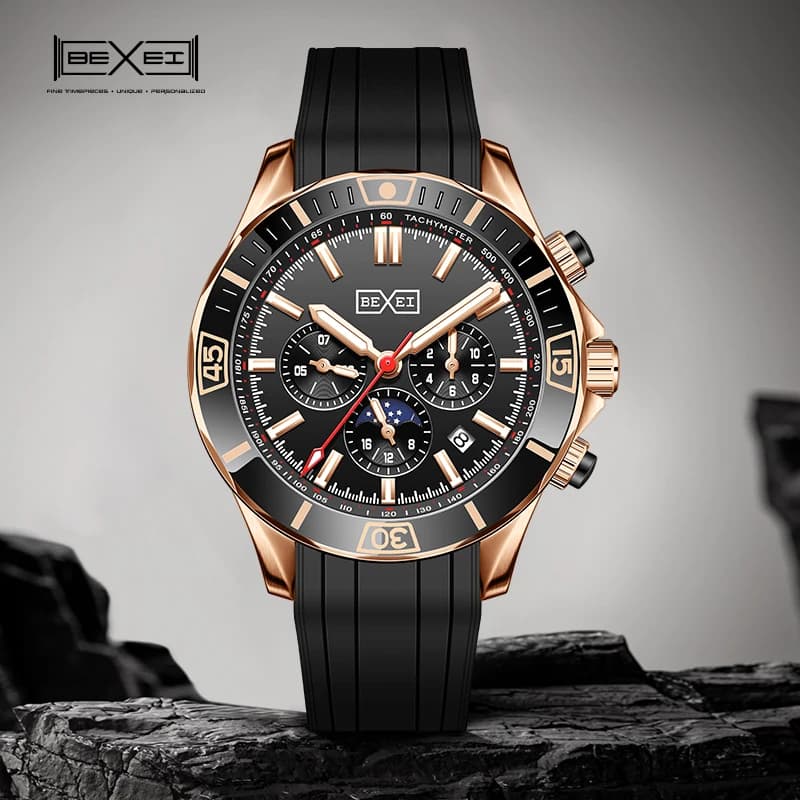 Bexei 9213 Men's Automatic mechanical watch Rotating chronograph Bezel Luminous calendar Months Luxury waterproof men's watch
