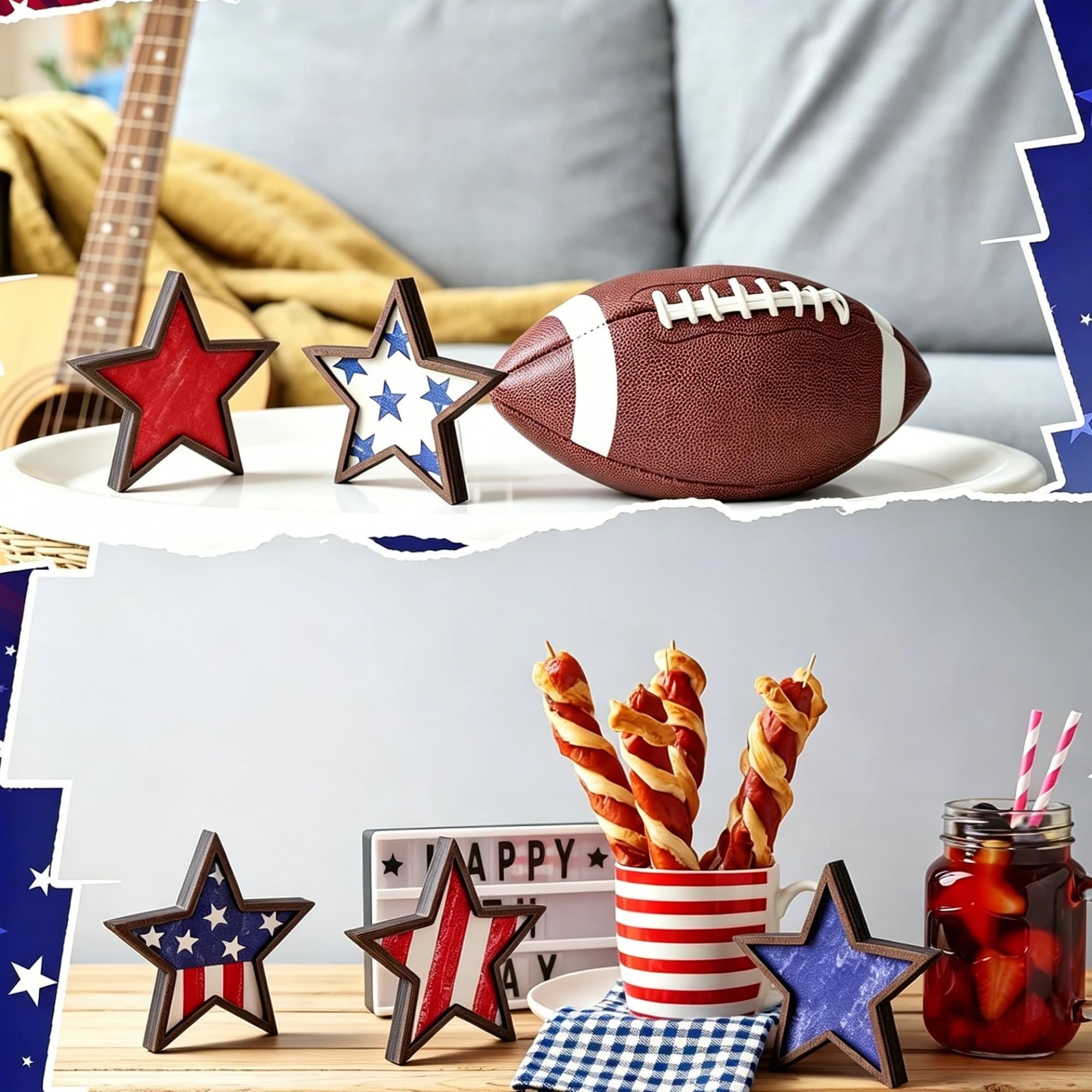 6PCS Independence Day Wooden Star Patriotic Standing Blocks for Festival Celebration Home Decor