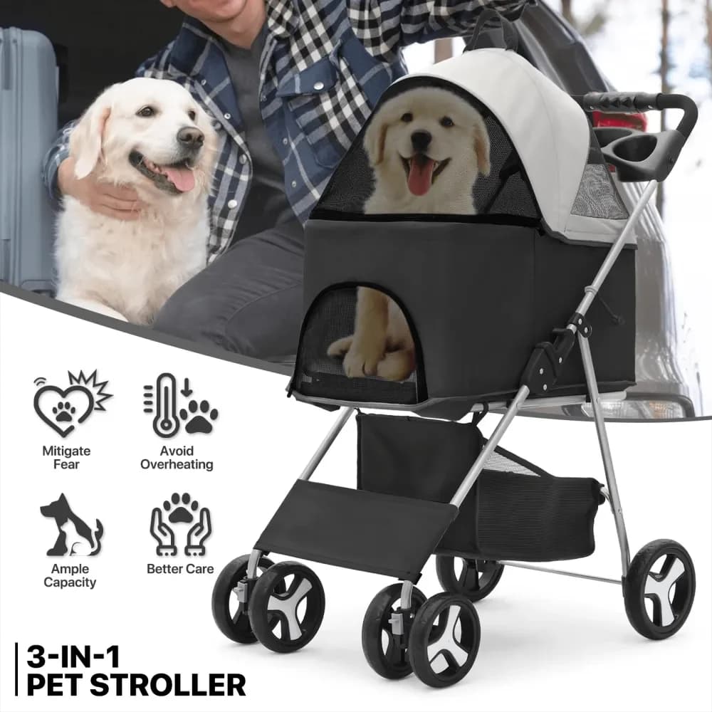 3In1 Foldable Dog Stroller Detachable Carrier, Car Seat And Stroller With Push Button Entry For Cats Rabbit Bunny Pet Stroller