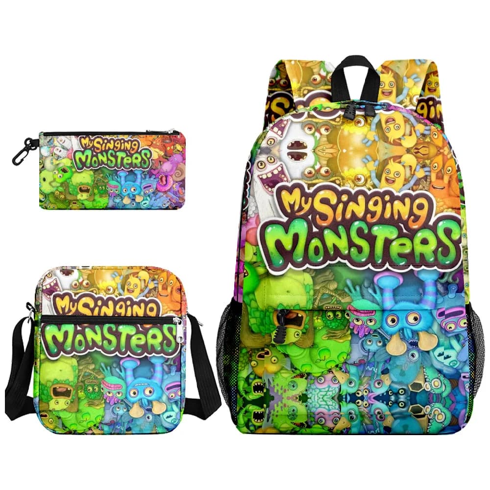 Classic my singing monsters 3D Print 3pcs/Set pupil School Bags Laptop Daypack Backpack Inclined shoulder bag Pencil Case