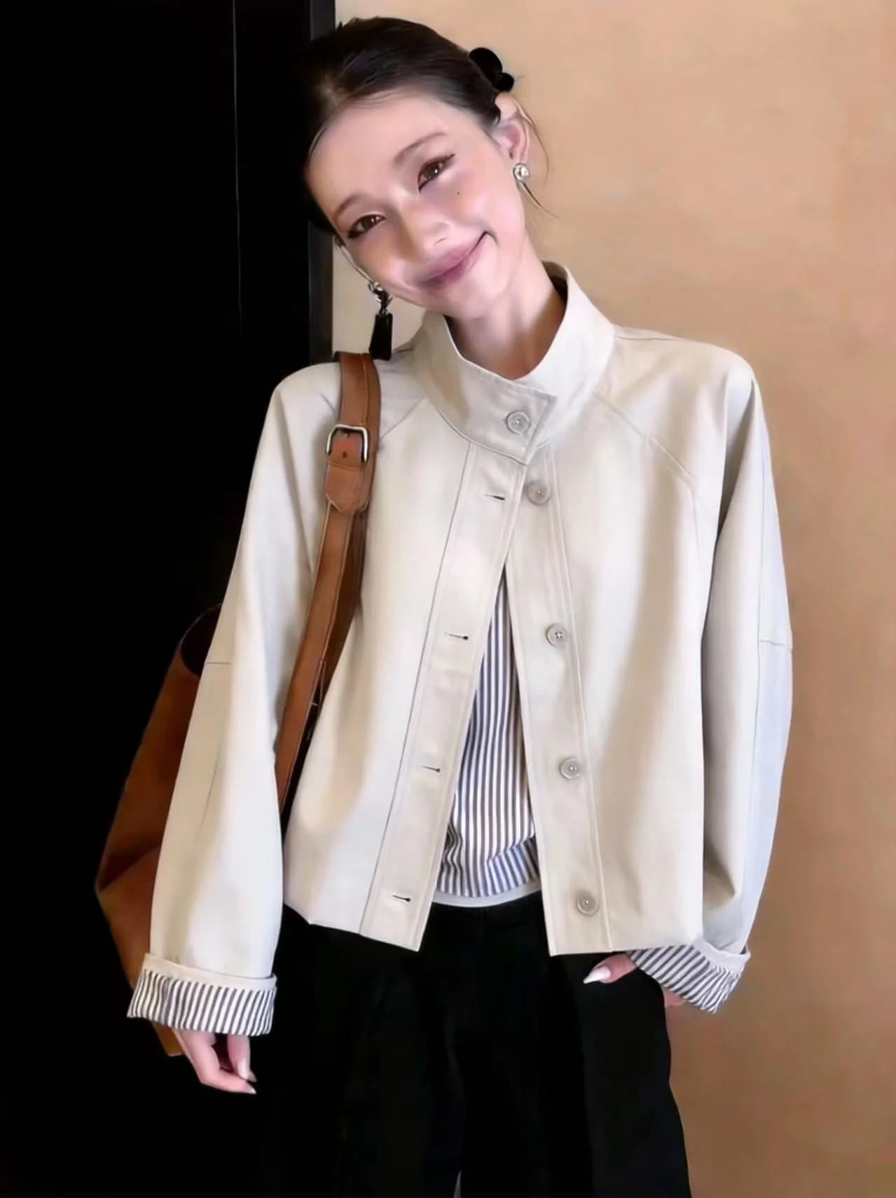 Elegant Stand Collar Jacket Women's Loose Slimming Striped Inner Short Style Fashionable Top Warmth Commute Style Button Craft