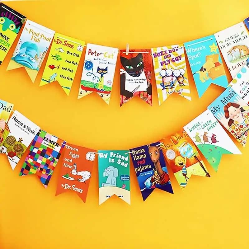 Illustrated Book Small stem Illustrated Book History Elements 3 m Maternal School Decoration for the classroom Fish tail flag Pull the flag Christmas decoration for the classroom