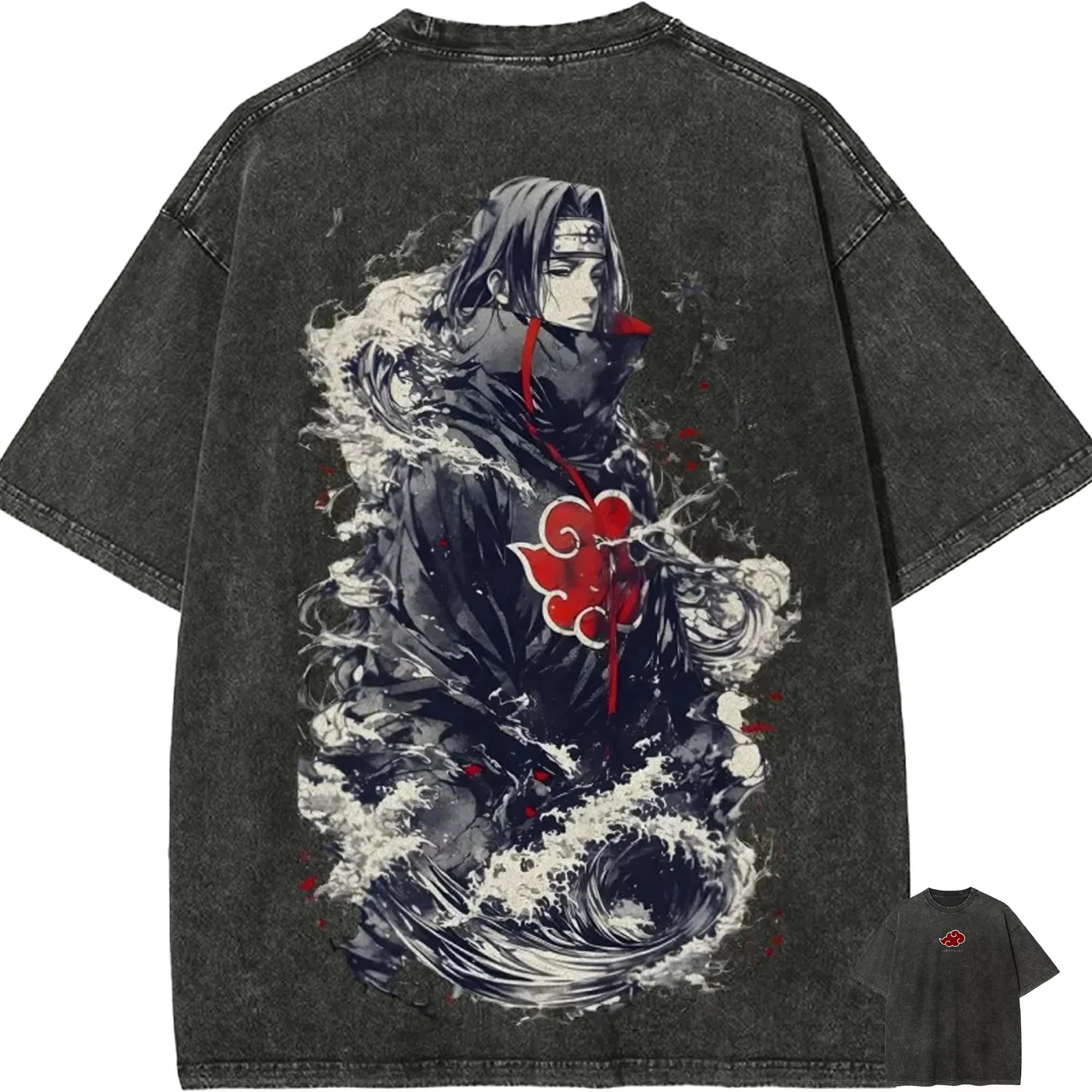 Naruto Itachi Uchiha T Shirt Akatsuki Great Wave Vintage Acid Wash Streetwear Retro Anime Graphic Men Tees Clothing