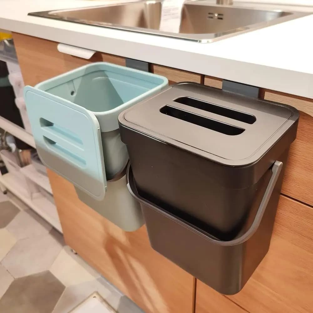Contenitore per Compost da Cucina Nero da Parete con Coperchio per Area Lavello