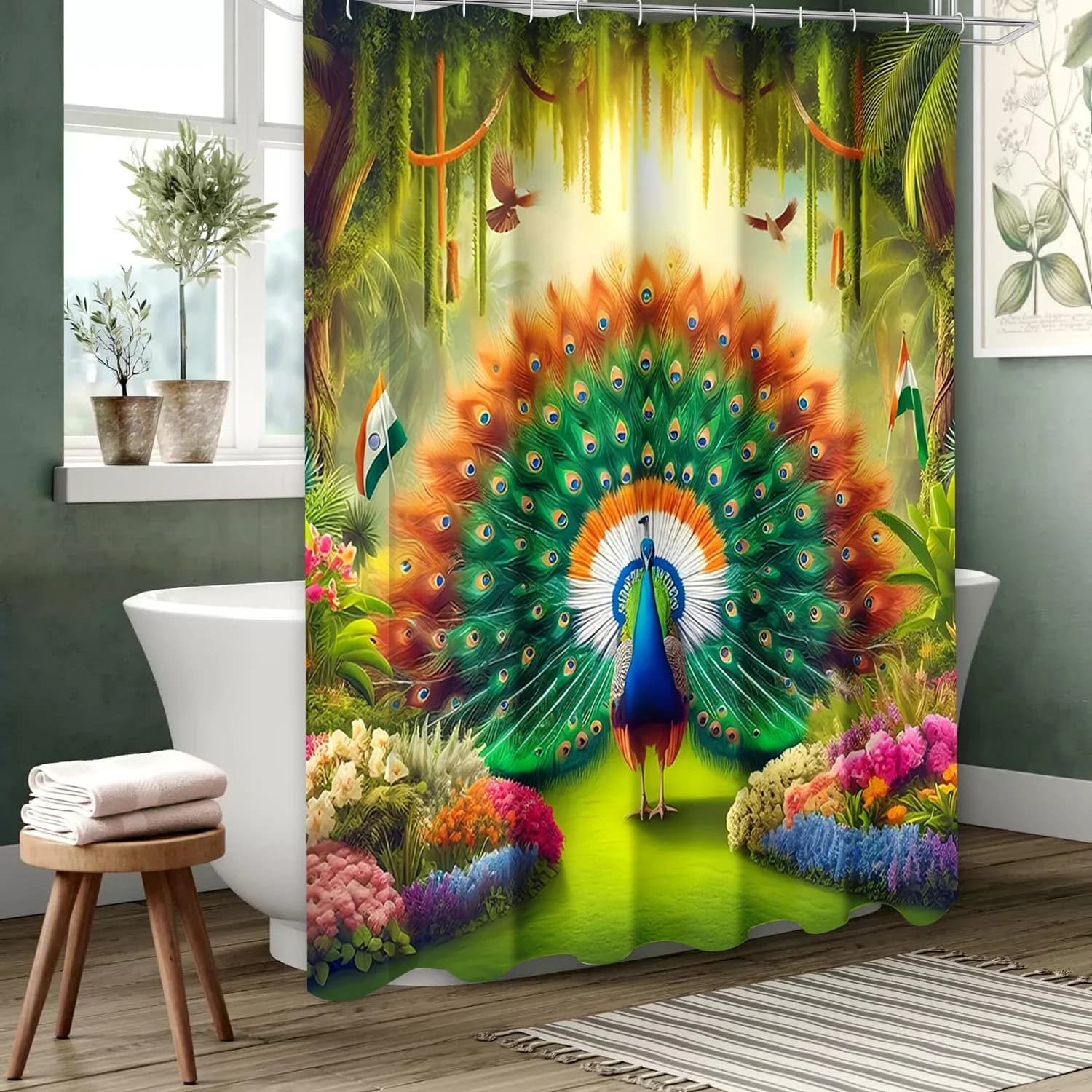 Tenda da bagno con motivo paon paon, lettere per bagno, tenda da doccia impermeabile con 12 ganci, pesci, decorazioni per la casa
