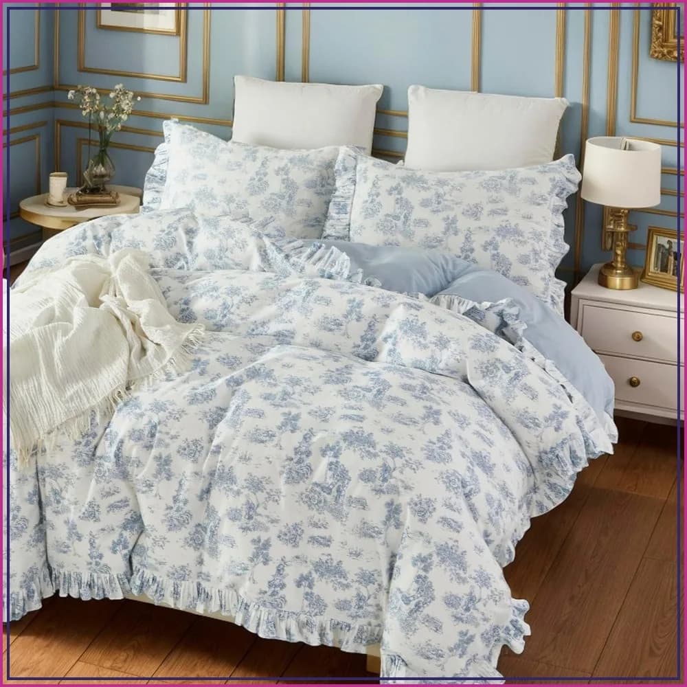French Country Toile Queen Duvet Cover Set - Blue Floral Print with Ruffles, 100% Cotton