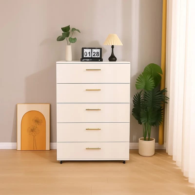 Modern 5-Drawer White Dresser with Handles – Minimalist Storage Cabinet