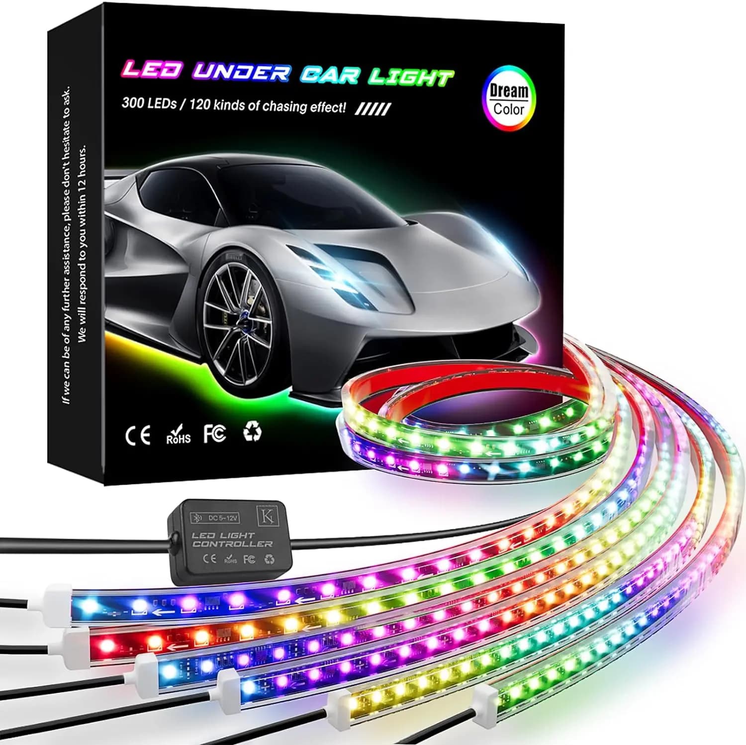 Luci Underglow per auto, 6 luci di striscia Led Bluetooth con inseguimento del colore dei sogni, controllo APP 12V 300 Led luci sottoscocca