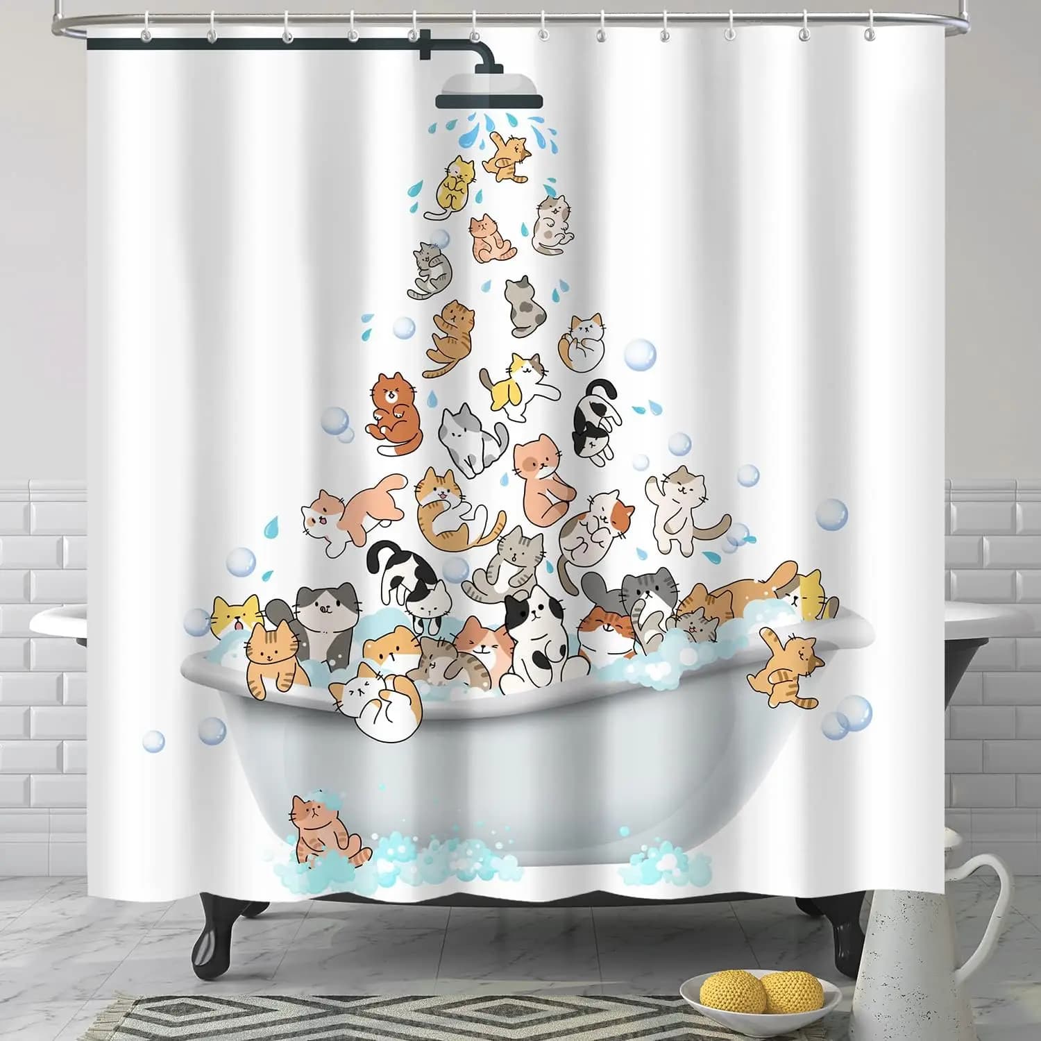 Tenda da Doccia con Gatti Cartoon in Vasca, Stampa Animale Carina con Soffione e Bolle per Bagno dei Bambini