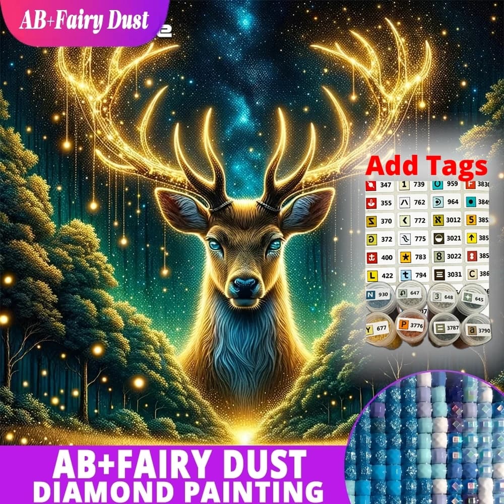 Kit Ricamo Diamante AB Fairy Dust con Strass Quadrati Completi, Motivo Animale Cervo e Albero, Punto Croce, Mosaico Fai da Te, Hobby Artigianale
