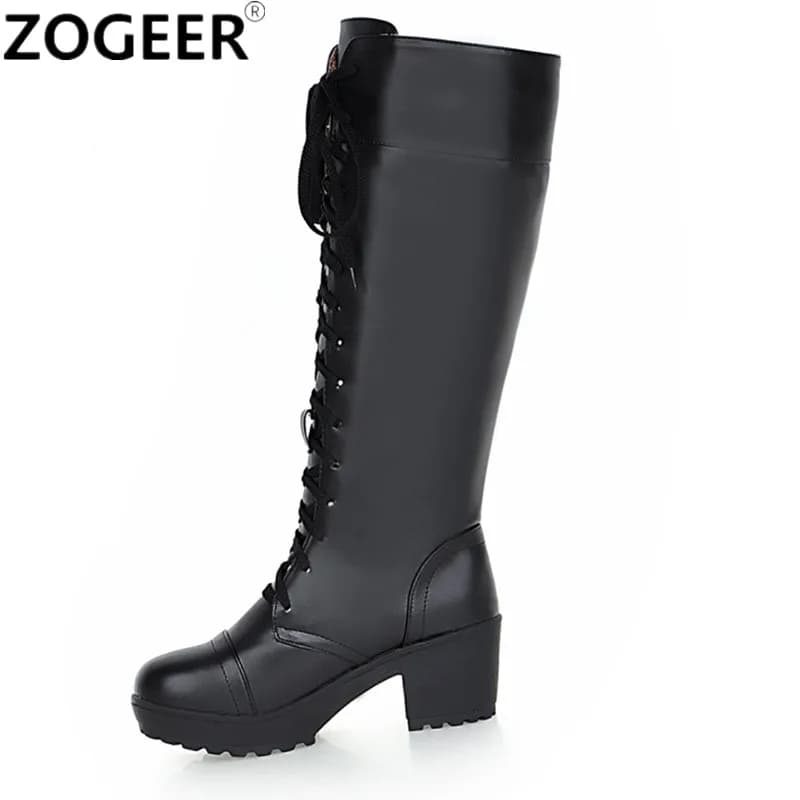 Stivali da neve invernali Moda donna Stivali alti al ginocchio Casual Tacchi punk Stringati Calzature bianche nere Scarpe lunghe da donna di grandi dimensioni 45 48