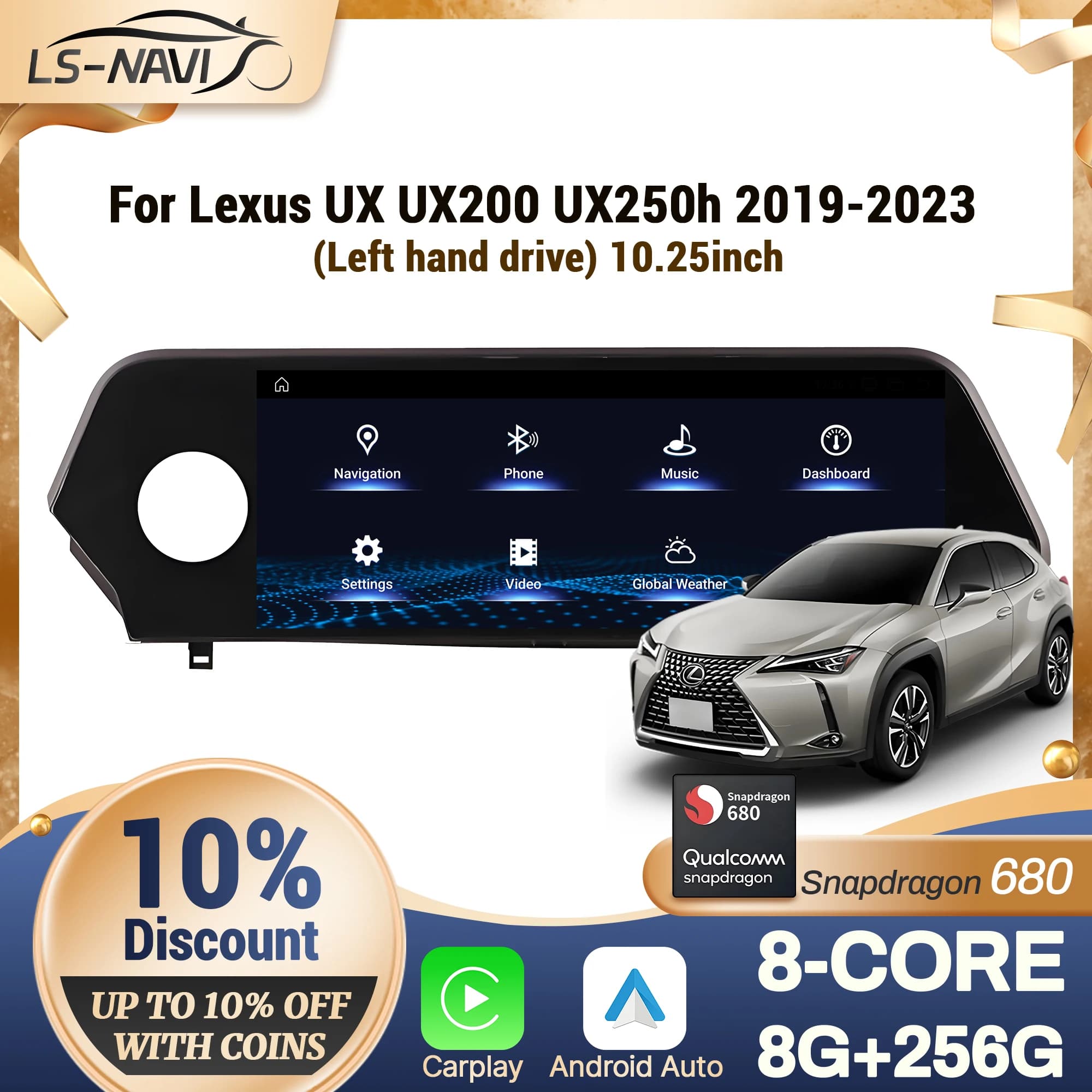 10.25 "guida a sinistra per Lexus UX UX200 UX250h 2019-2023 Autoradio Wireless CarPlay Multimedia Snapdragon 680 Schermo