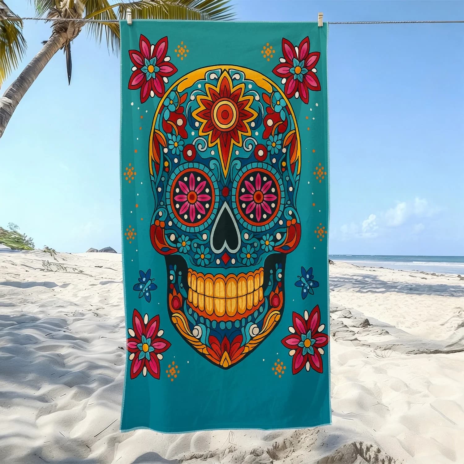 1PC Sugar Skull Beach Towel Suitable for yoga, swimming, camping, big bath towels, essential travel accessories