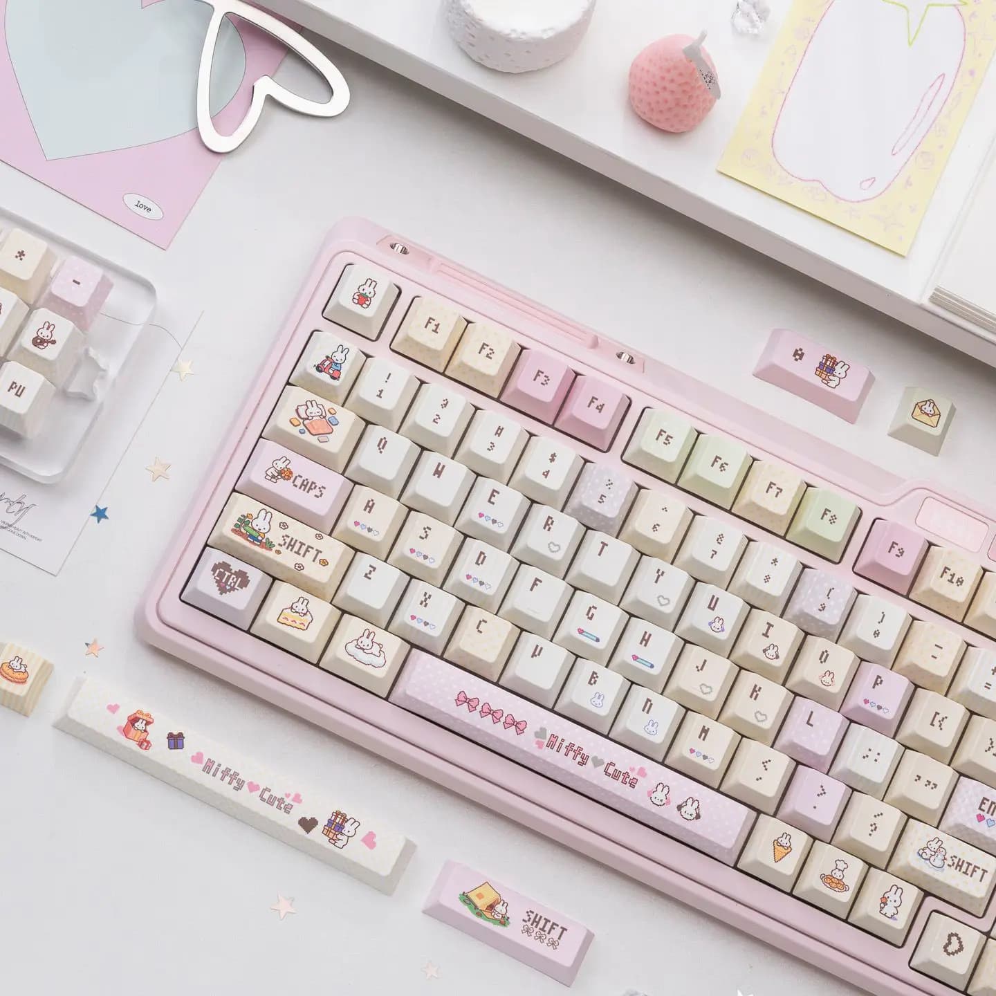 Pixel Miffy Cute Keycaps PBT Five Side Dye-Sub OEM Height Custom Mechanical Keyboard Replacement Key Caps Cartoon Kawaii Lovley