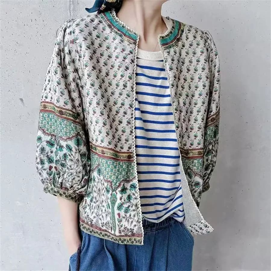 Elegant Bohemian Style round Neck Bubble Sleeve Printed Jacket Half Sleeve Coat No Button Fastening Spring 2026 Women's Outer...
