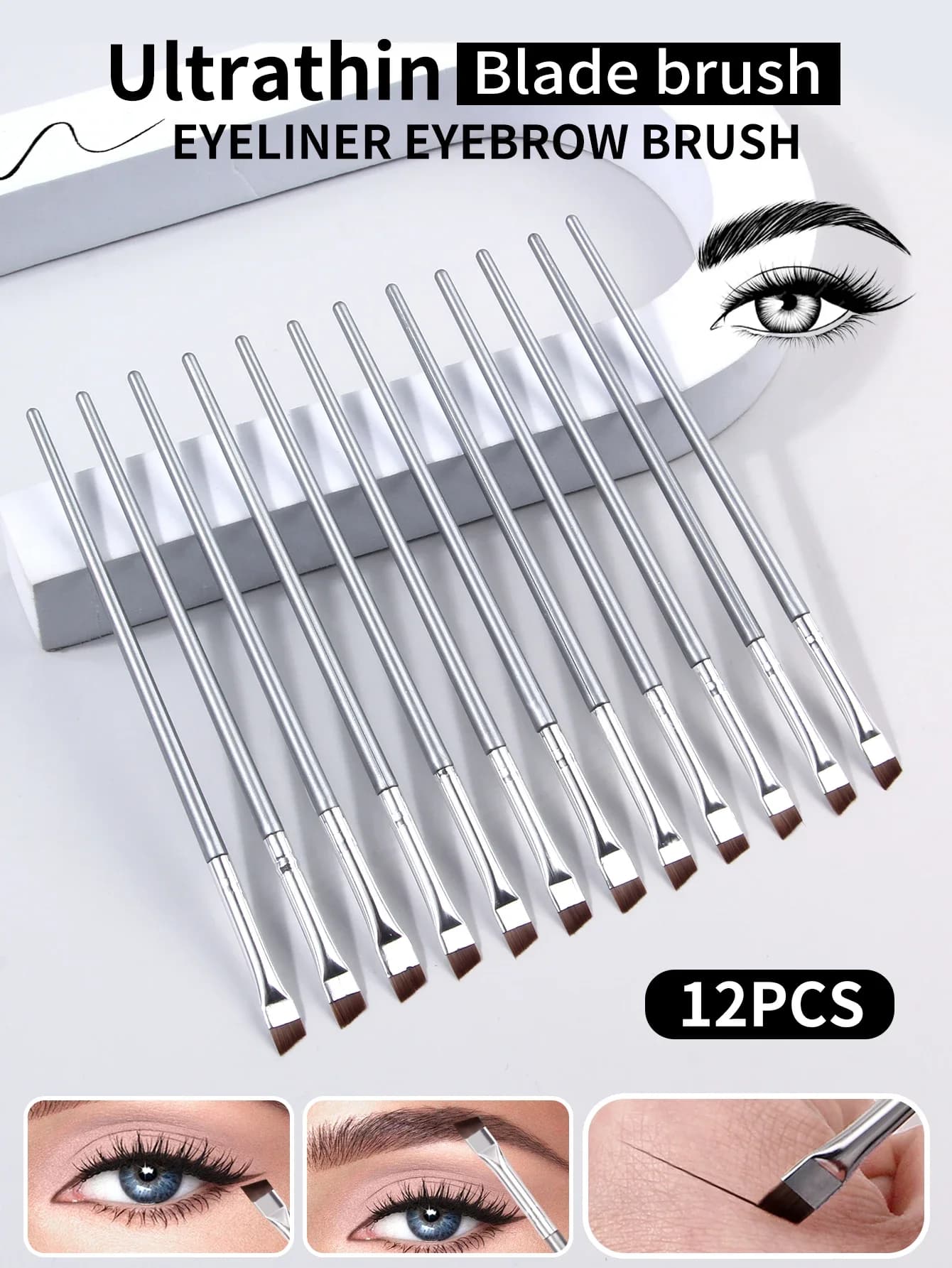 Set di pennelli per eyeliner con lama super sottile argentata da 12 pezzi e set di pennelli morbidi per il trucco, pennello per sopracciglia portatile e strumento cosmetico multiuso