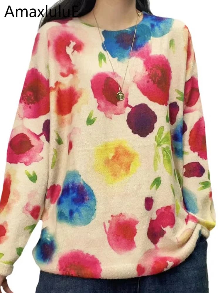 Amax luluE 2024 Moda Inverno Pullover Donna Stampato Allentato Maglioni Caldi Donna di Lusso Oversize O Collo Maglioni Casual Maglieria