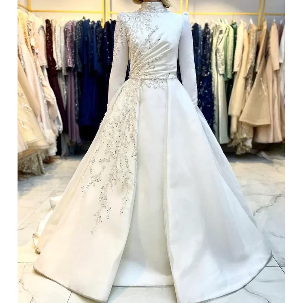 Abiti da sposa musulmani personalizzati a collo alto con paillettes e applicazioni, maniche lunghe, strascico, abito da sposa in raso, vestido de novia boda