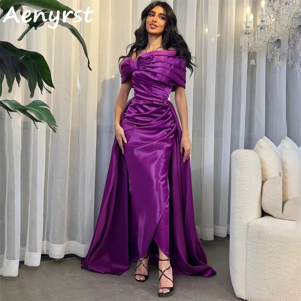 Aenyrst Uva Viola con spalle scoperte Arabia Saudita Abiti da ballo Abiti da sera a sirena pieghettati in raso Abito da festa formale alla caviglia