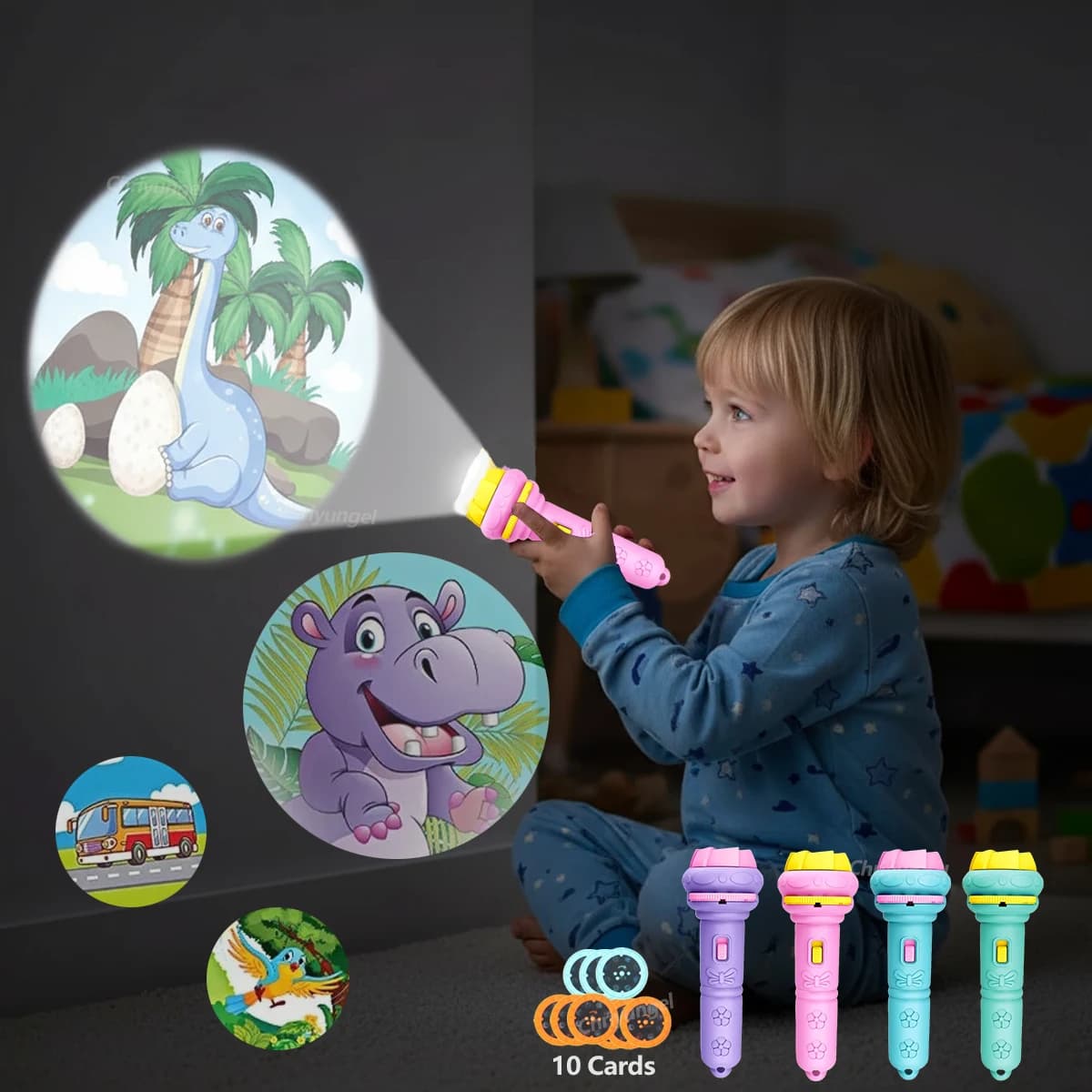 Torcia Proiettore per Bambini con 10 Carte e 80 Motivi, Giocattolo Educativo Luminoso con Cartoni Animati, Regalo per Bambini e Bambine