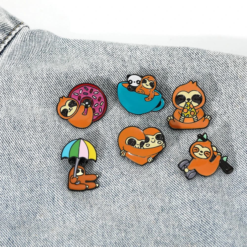 6 Styles Girls Cartoon Sloth Theme Enamel Pins Pizza Umbrella Dumbbell Cup Couple Bradypod Design Brooches