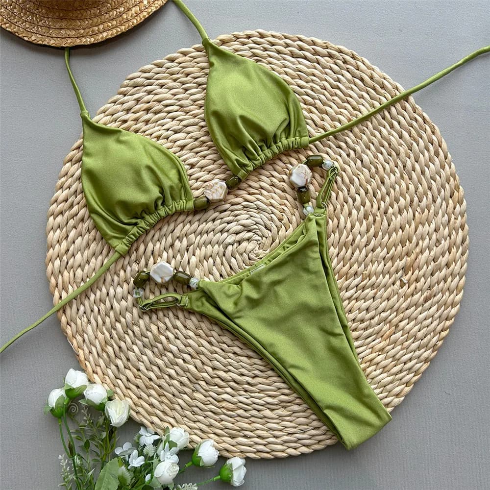 Costume da Bagno Verde Solido Sexy con Allacciatura al Collo, Bikini a Triangolo con Perline, Mini Micro Perizoma, Costume da Bagno Donna Estate 2026, Set Bikini Brasiliani
