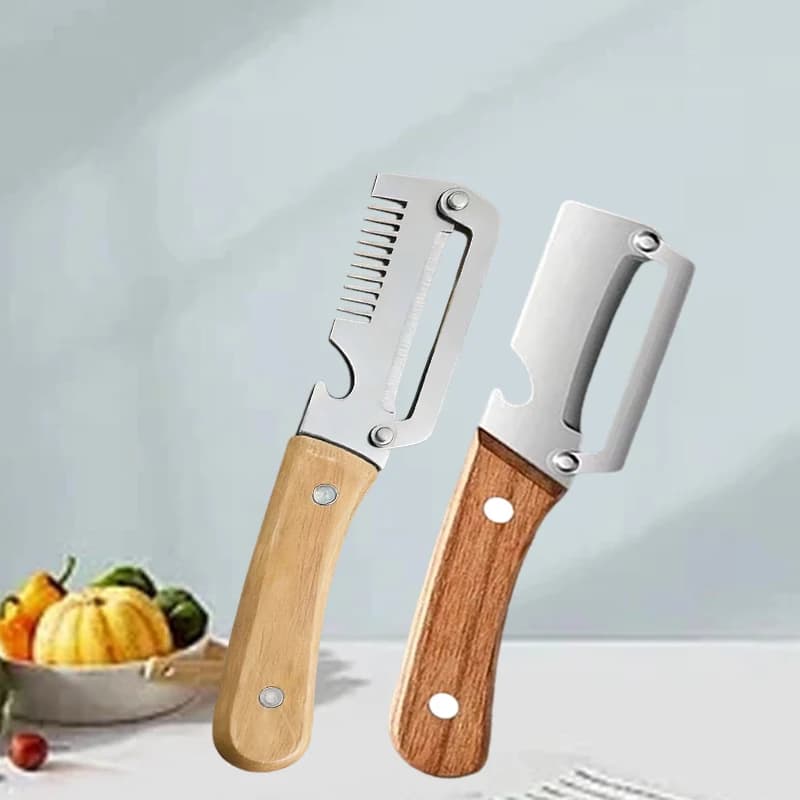 Coltello da Cucina per Frutta e Verdura, Pelapatate in Acciaio Inox con Manico in Legno, Utensile da Cucina per Pelare e Affettare