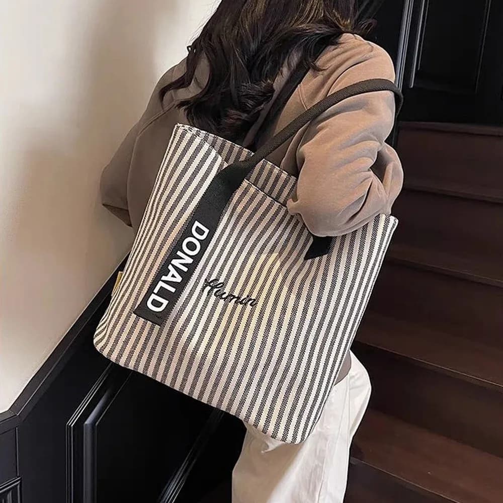 Fashion Striped Tote Bag Large Capacity Canvas Shoulder Bag Multifunctional Commuting Bag Women
