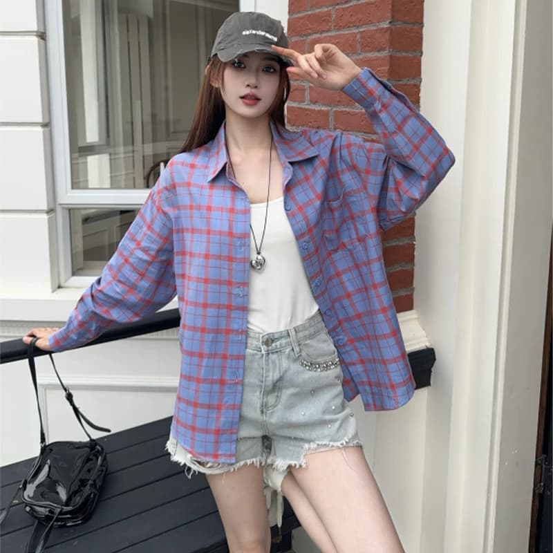 Camicia a quadri a maniche lunghe in puro cotone da donna in stile coreano, alla moda, casual, stile college