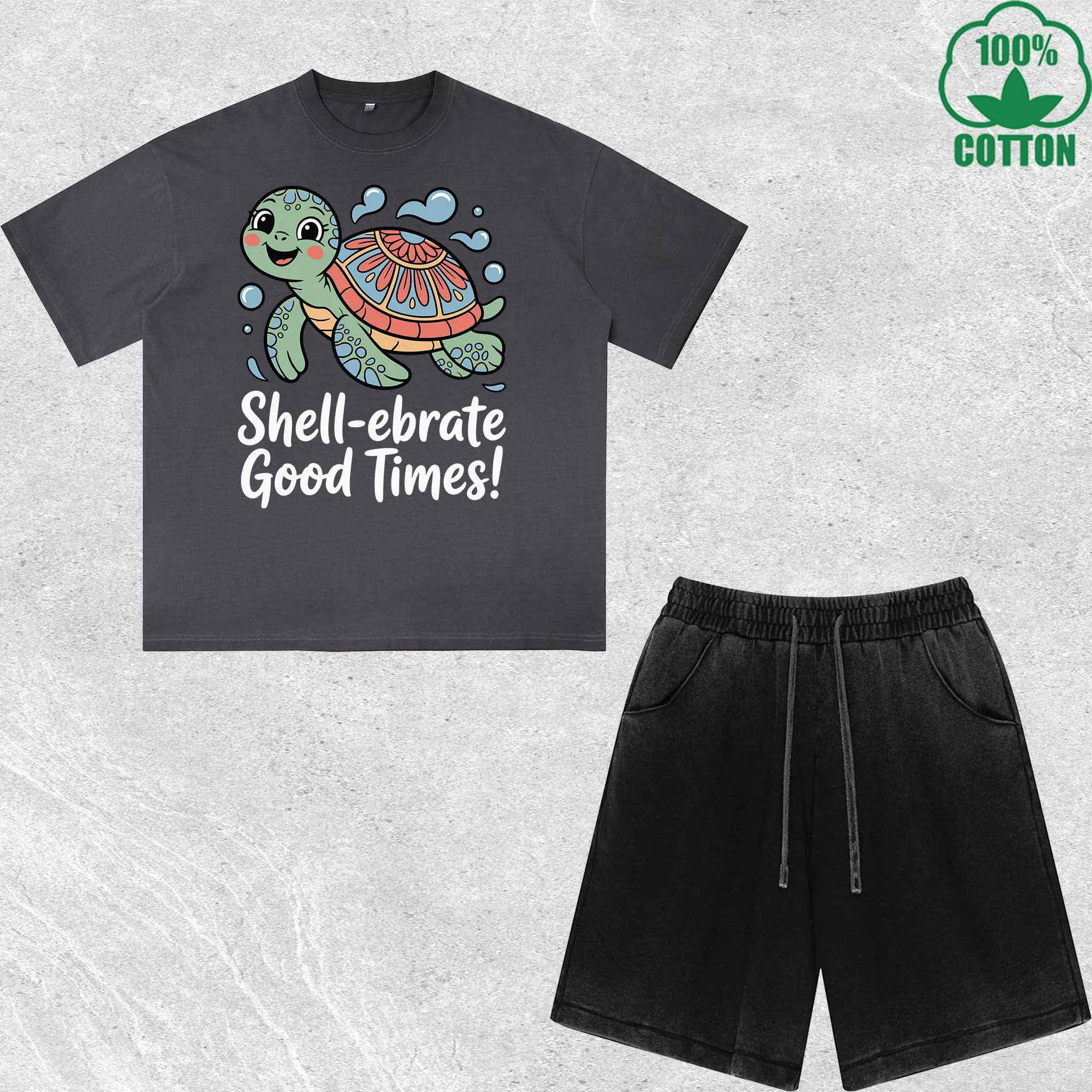 Set T-Shirt e Pantaloncini Stampati 'Good Times' Effetto Lavato, Multicolore, Stile Trendy e Alla Moda, 100% Cotone