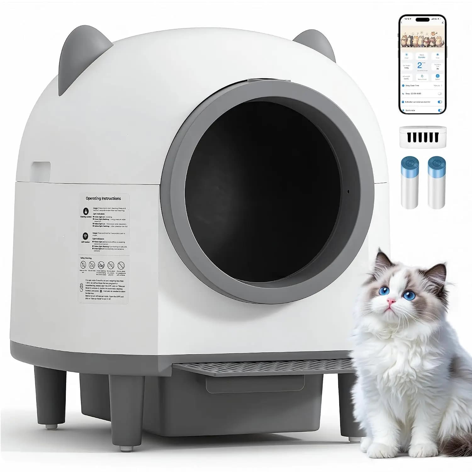 Self-Cleaning Automatic Cat Litter Box 80L Multi-Cat, Odor-Free Disposal Safety Sensor App Control 2.4G WiFi 2 Bags, Customized