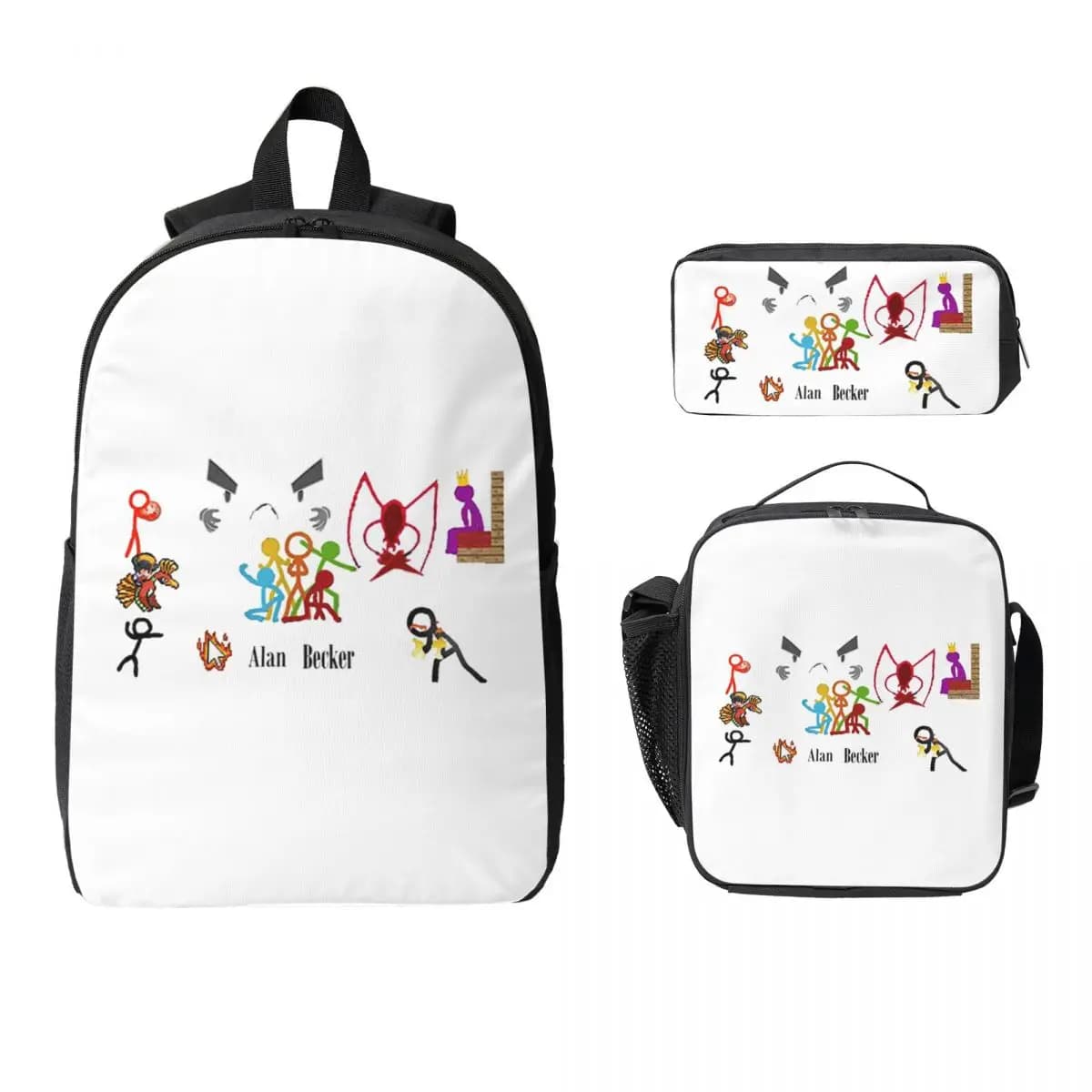 Alan Becker Five Stick Figures With Fire Mouse Pickaxe Backpack BookBag School Bag Shoulder 3ps Insulated Lunch Bag Pencil Case