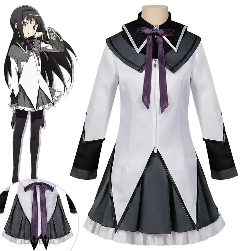 Costume Cosplay Halloween 2026 Anime Akemi Homura Puella Magi Madoka Magica con Fiocco, Parrucca e Uniforme da Combattimento per Feste di Halloween