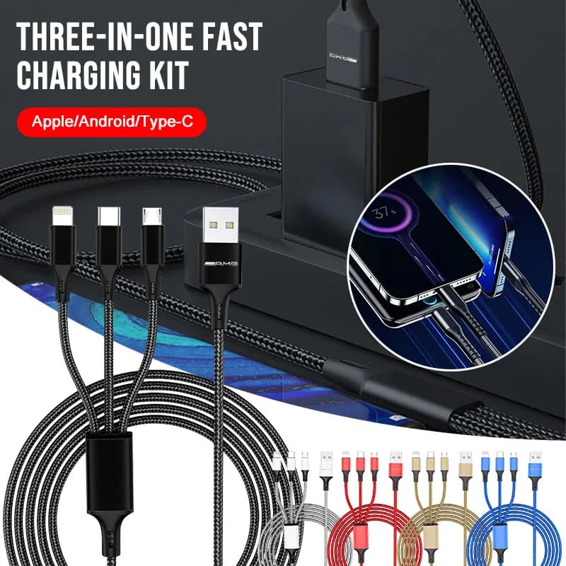 Fast charging cable for cars 3 in 1 with AMG emblem, USB Type-C, Lightning and Micro USB, for AMG W204 W205 W203 New Class B/C C200L, with central hub cap