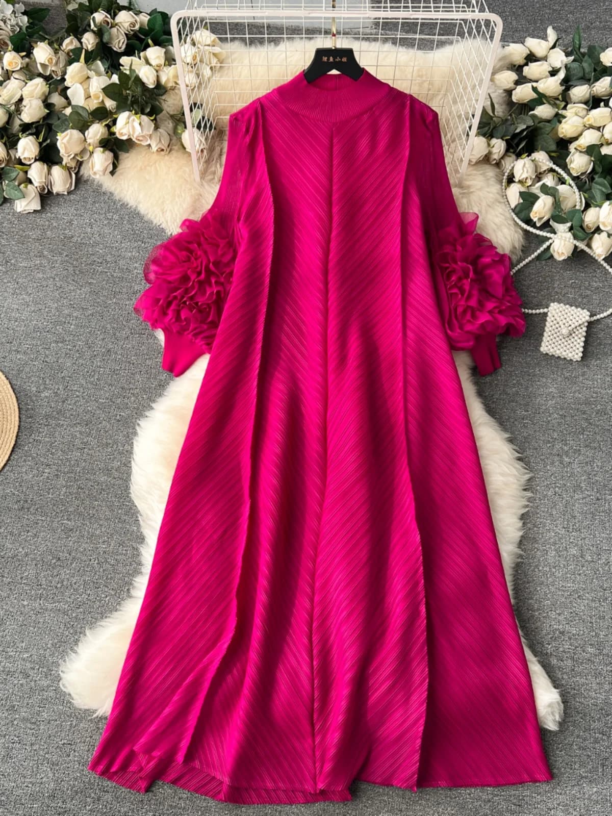 Retro Pleated Color Women's Dr Loose Fitting A-Line Midi Skirt Korean Sle High Waist Long Sve Autumn Winter