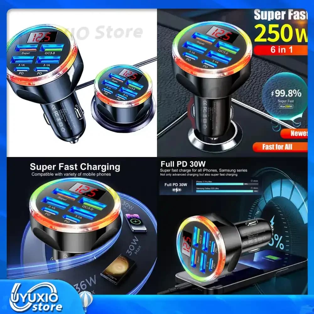 Caricabatterie da Auto USB 250W con Doppia Porta PD, Luce LED e Monitoraggio della Tensione, Ricarica Super Veloce per iPhone e Samsung