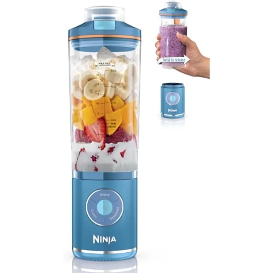 Frullatore portatile per frullati personali e tritaghiaccio, plastica senza BPA, colore lamponi blu, senza fili con 3 programmi, a prova di perdite.