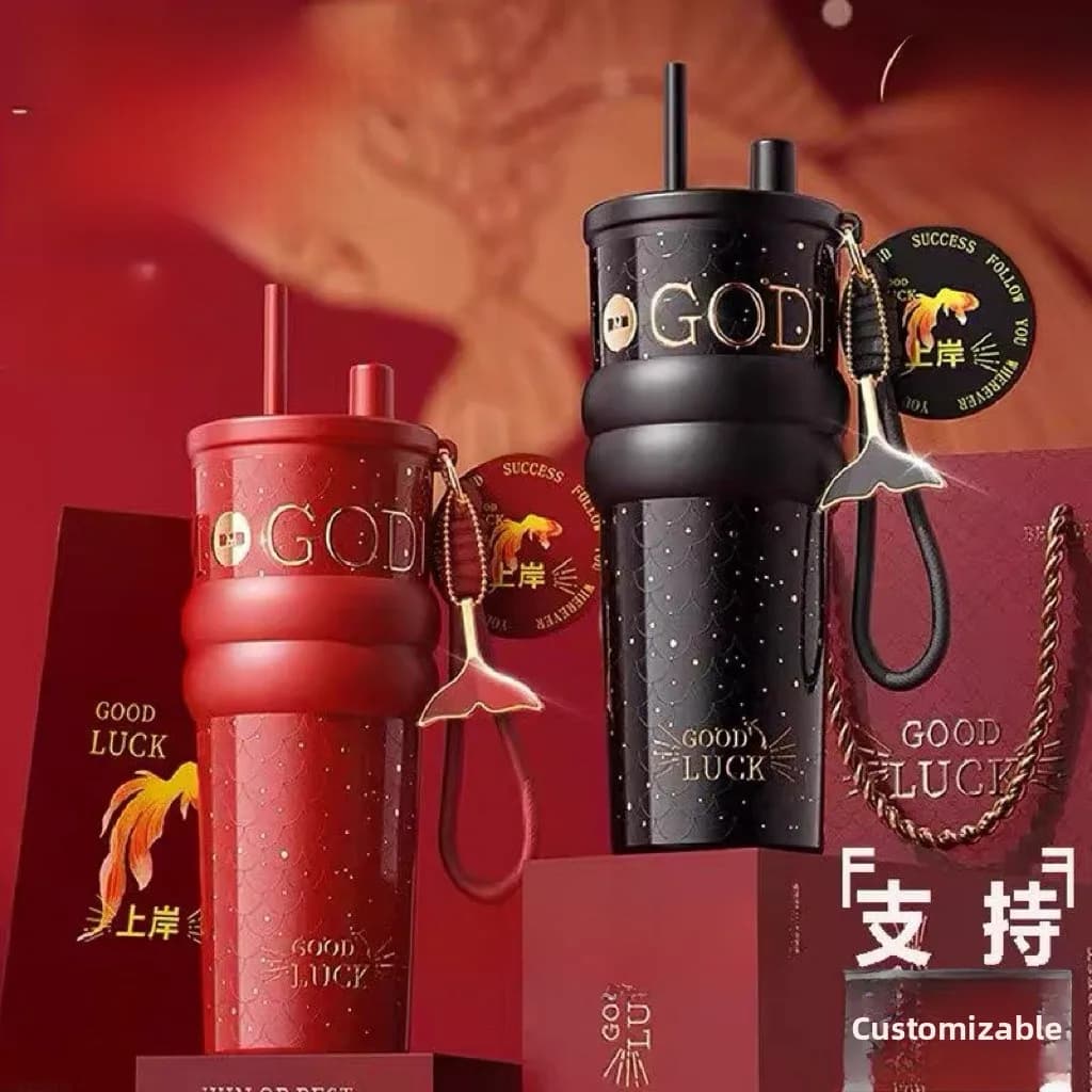 Borraccia Termica in Ceramica Rossa con Design Carpa, Regalo Anno Zodiacale Cinese 2026, Tazza con Cannuccia da Donna, Tazza Termica con Design Pesce Portafortuna