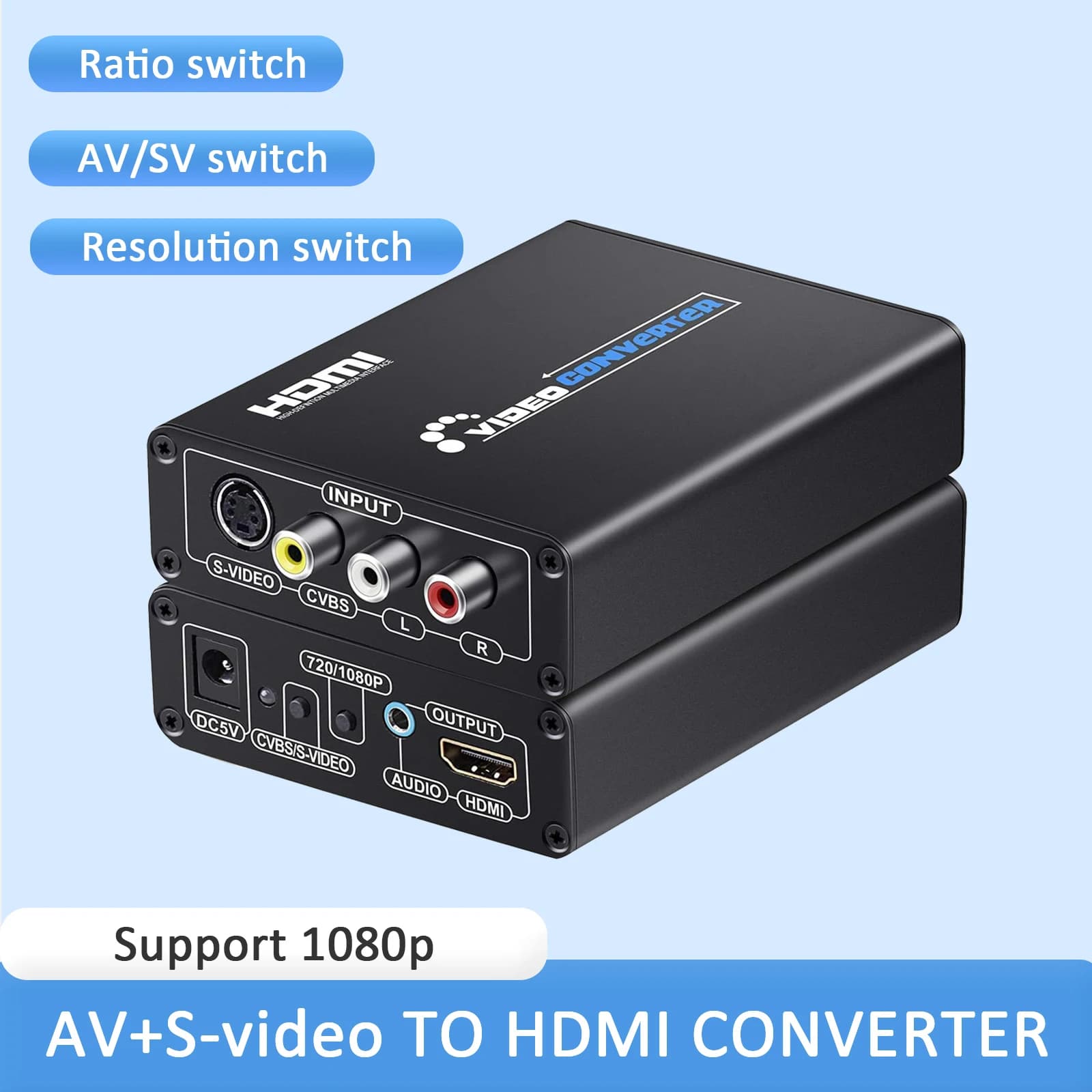 Convertitore video AV S da CVBS a HDMI Upscaler Adattatore da HD 3RCA a HDMI supporta interruttore PAL/NTSC per VHS/N64/PS2/WII a HDTV